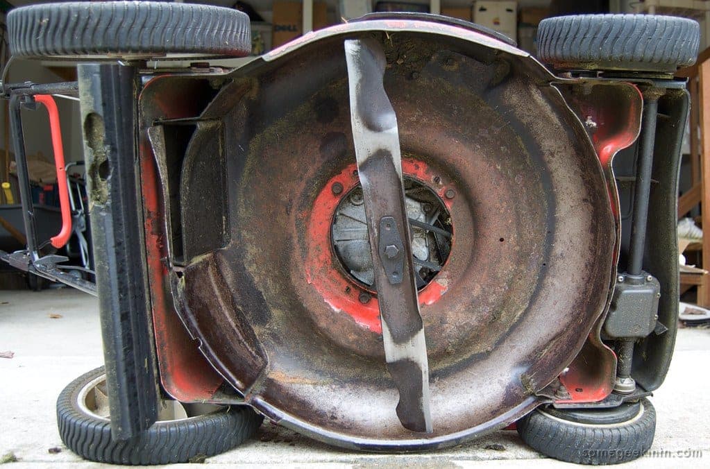 Gas lawn mower engine close up
