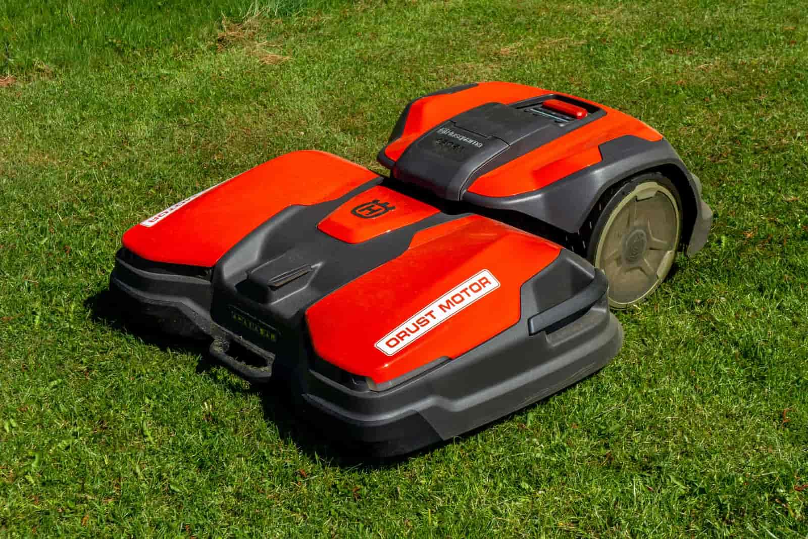 Robot lawn mower on cut grass