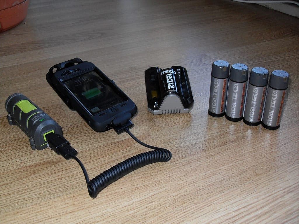 Cordless tool battery packs on a bench